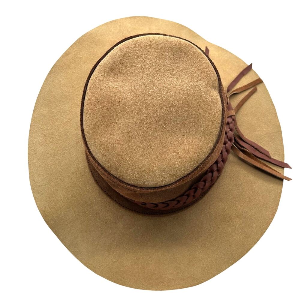 Vintage Suede Wide Brim Bolero Hat Braided Tan Leather Band Size 6 3/8 51cm - Picture 3 of 10